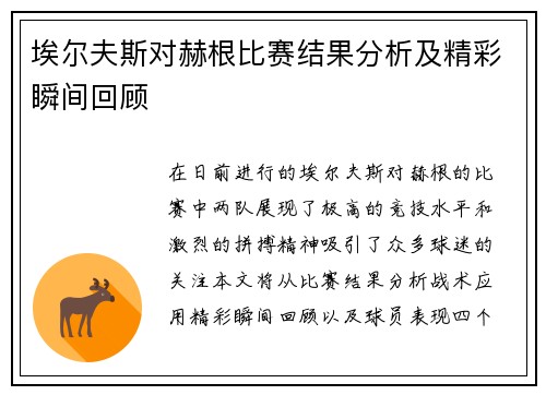 埃尔夫斯对赫根比赛结果分析及精彩瞬间回顾