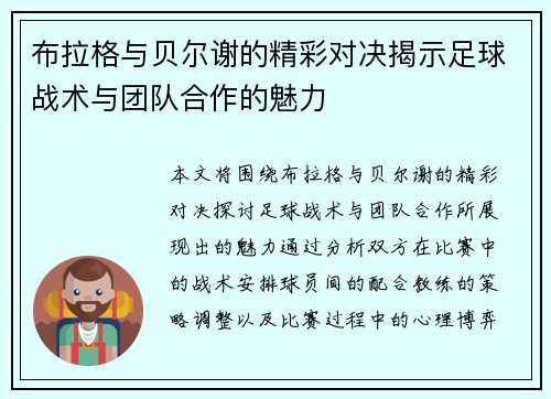 布拉格与贝尔谢的精彩对决揭示足球战术与团队合作的魅力