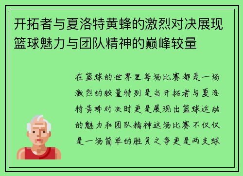 开拓者与夏洛特黄蜂的激烈对决展现篮球魅力与团队精神的巅峰较量